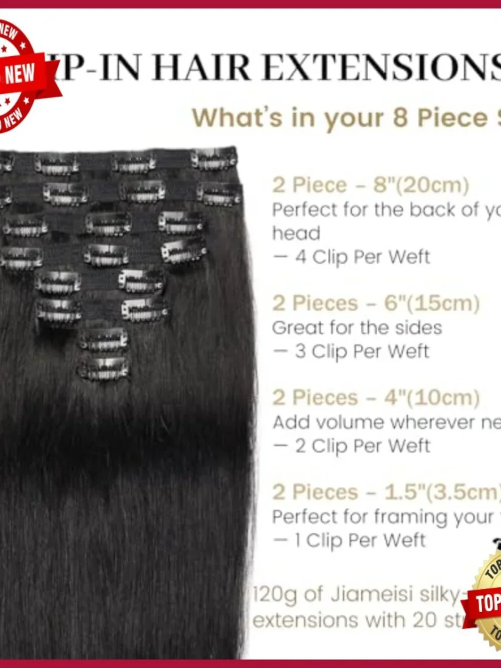 Real Human Hair Clip-in Extensions, 16 Inch Straight, 120g 8pc Set